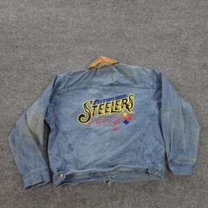 Vintage Pittsburgh Steelers Jacket Mens Large Blue Denim NFL Football Pro Elite